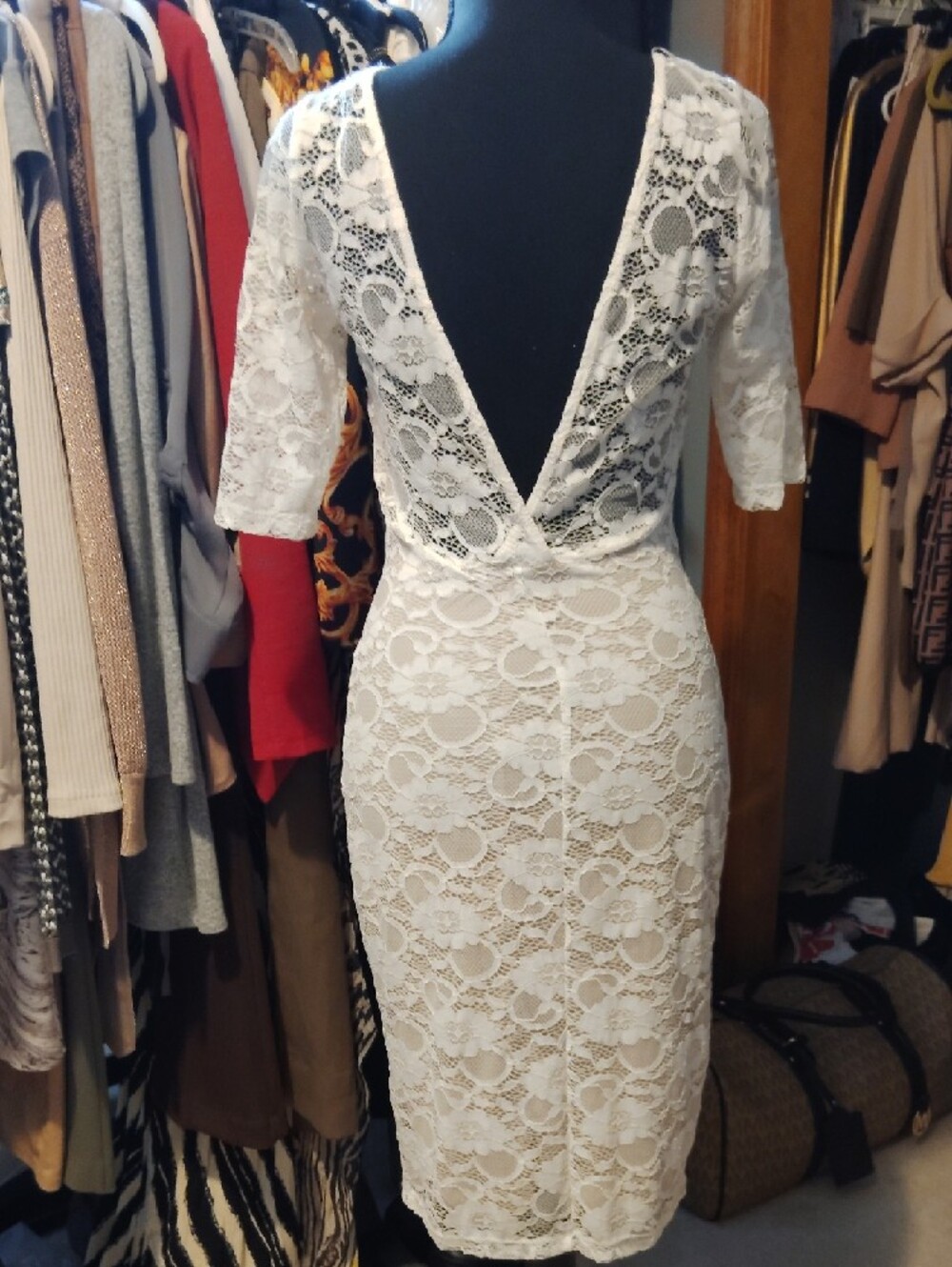 White Lace Sheath Dress -Deep V Back Elegant Feminine Dress S
